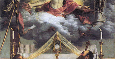 Preghiera e webcam streaming online adorazione eucaristica in latino. Nell'immagine: Alessandro Bonvicino detto il Moretto, Cristo eucaristico tra i santi Bartolomeo e Rocco, 1545 c., Castenedolo (BS), Chiesa di San Bartolomeo