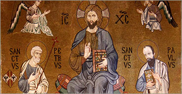 Dottrina e Catechesi cristiana della Chiesa cattolica. Nell'immagine: Cristo affiancato dai Santi Pietro e Paolo, restauro del XIV sec., Palermo, Cappella Palatina