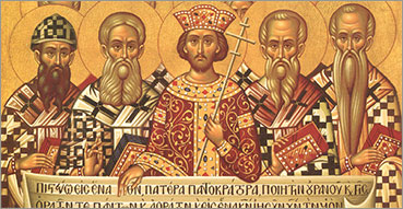 Credo, Symbolum Nicaenum Costantinopolitanum, Simbolo Niceno-Costantinopolitano. Nell'immagine: Icona dei Padri conciliari nell'atto di mostrare il testo del Simbolo niceno-costantinopolitano