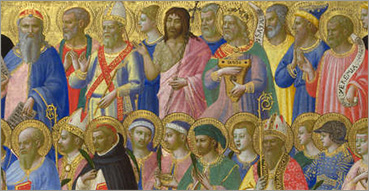Litaniae Sanctorum, Litanie dei Santi. Nell'immagine: Beato Angelico e Lorenzo di Credi, Cristo risorto adorato da santi, profeti e membri dell'Ordine domenicano, particolare della Pala di Fiesole (Madonna in trono col Bambino, angeli e santi), 1424-1501, Fiesole (FI), San Domenico