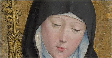 Preghiera a santa Scolastica, per l'ordine monastico benedettino e l'Europa. Nell'immagine: Maestro di Liesborn, Santa Scolastica, particolare della pala d'altare di Liesborn dei Santi Giovanni Evangelista, Scolastica e Benedetto, oggi presso Londra, National Gallery