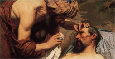 Actus caritatis, Atto di carità. Nell'immagine: Teofilo Patini, Il buon Samaritano, 1859 c., Pesaro, Banca Popolare dell'Adriatico.