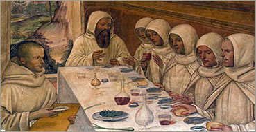 Preghiera di affidamento a san Benedetto. Nell'immagine: Giovanni Antonio Bazzi (de' Bazzi) detto il Sodoma, Come Benedetto ottiene farina in abbondanza e ne ristora i monaci, ciclo delle Storie di san Benedetto di Monte Oliveto Maggiore, dopo il 1505, Asciano (SI), Abbazia di Monte Oliveto Maggiore