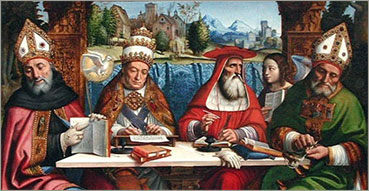 Pier Francesco Sacchi, detto il Pavese, Dottori della Chiesa, pala d'altare, 1516, Parigi, Musée du Louvre. Da sinistra a destra: sant'Agostino, san Gregorio, san Girolamo e sant'Ambrogio